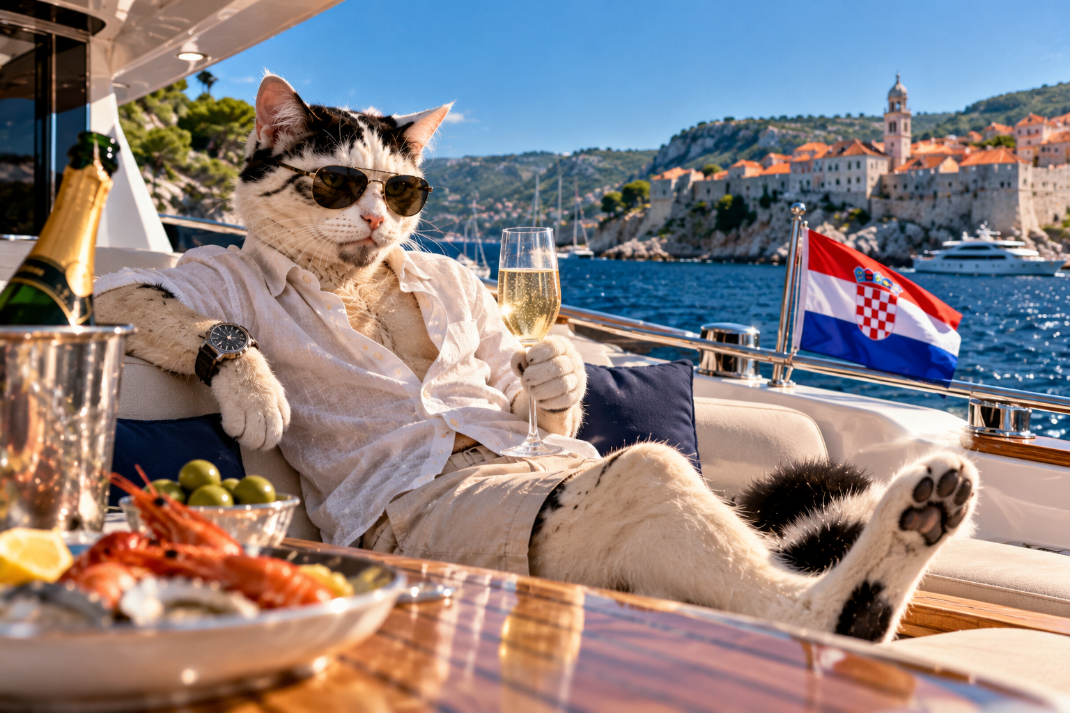 Ruma-like cat in sunglasses lounging on a yacht by the Croatian coast